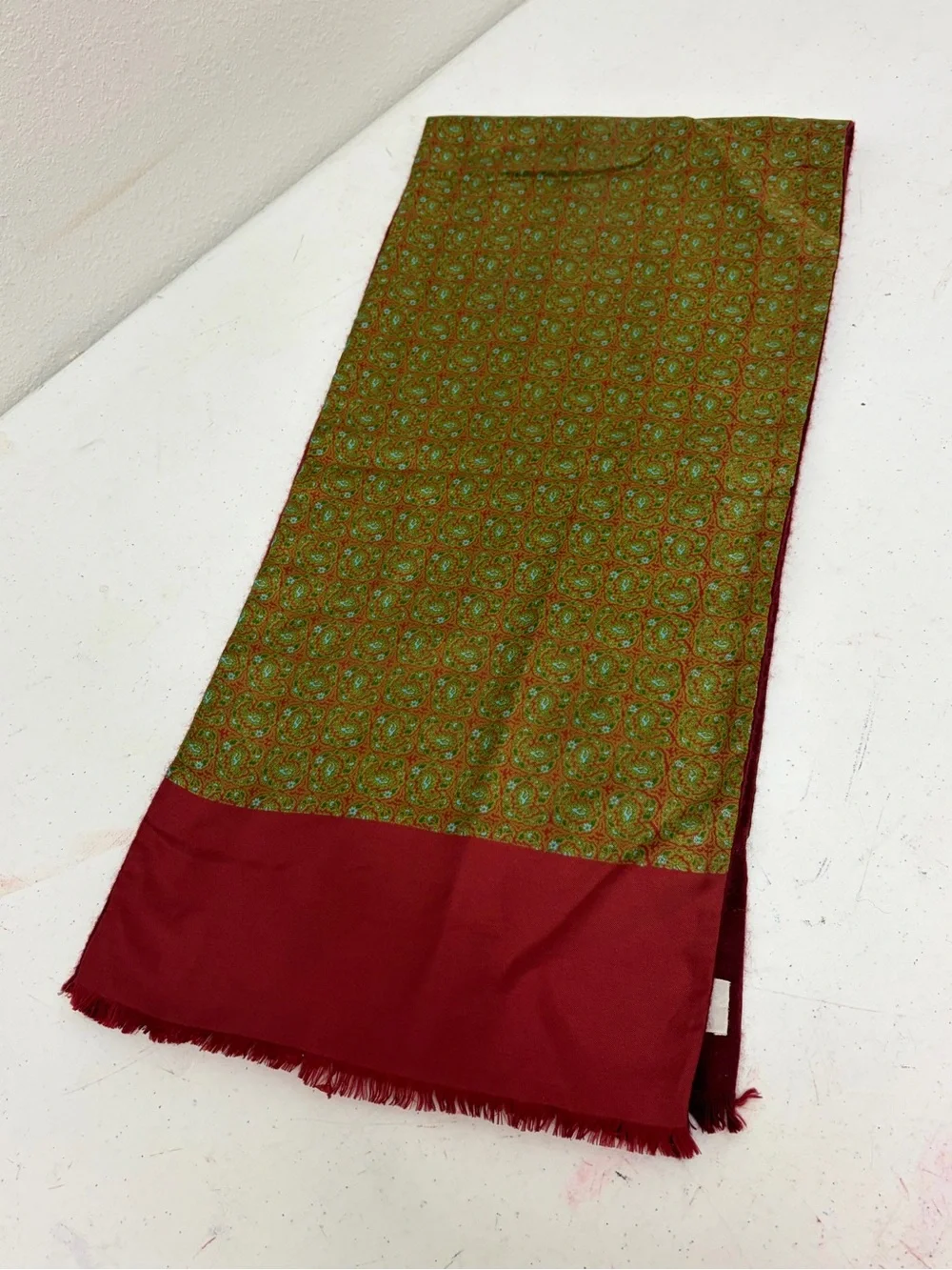 Dior Green Paisley Scarf with Red Trim